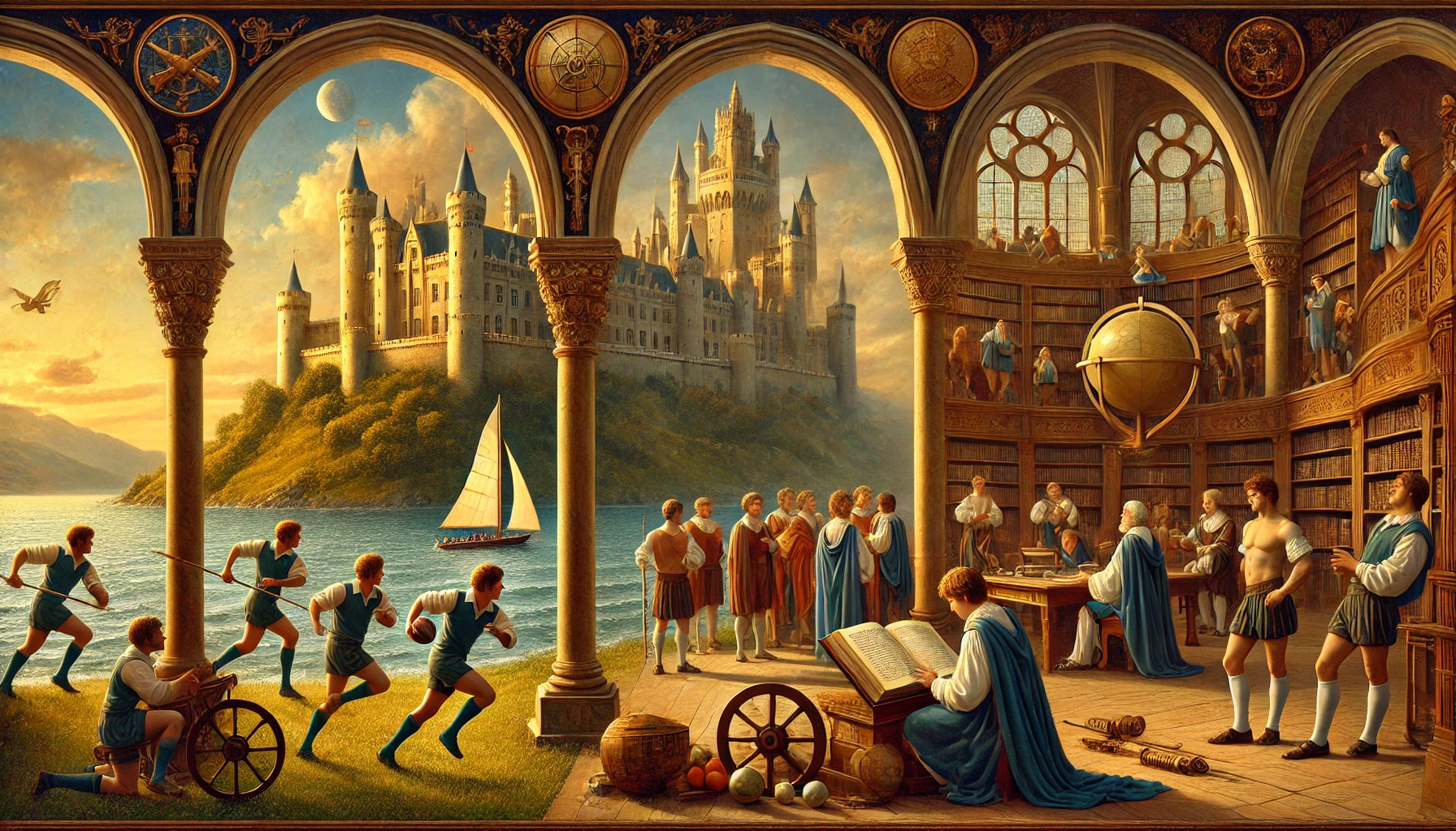An imagined community of readers, athletes, and inquirers gathered beside a library and the sea